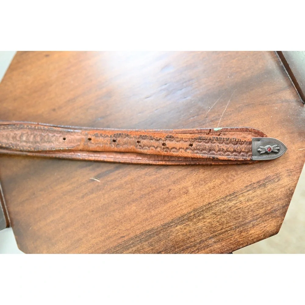 Vintage Western Sterling Silver Leather Belt Brown Floral Embossed Boho USA